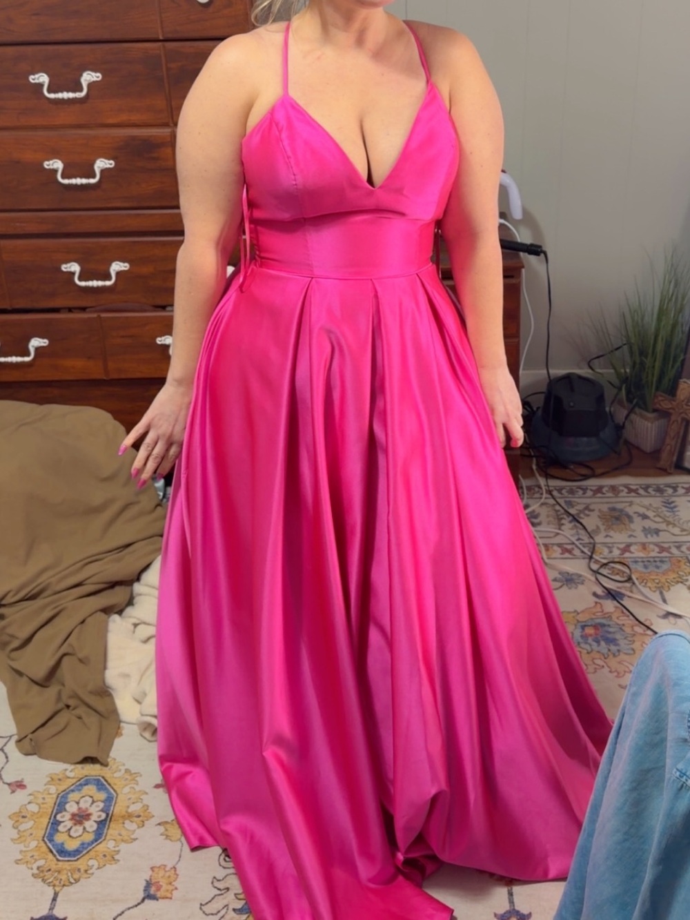 Elegant Women's Satin Ball Gown Dress in Hot Pink